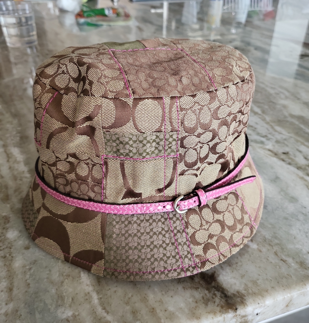 Vintage Coach Patchwork Logo Bucket Hat with Pink Trim